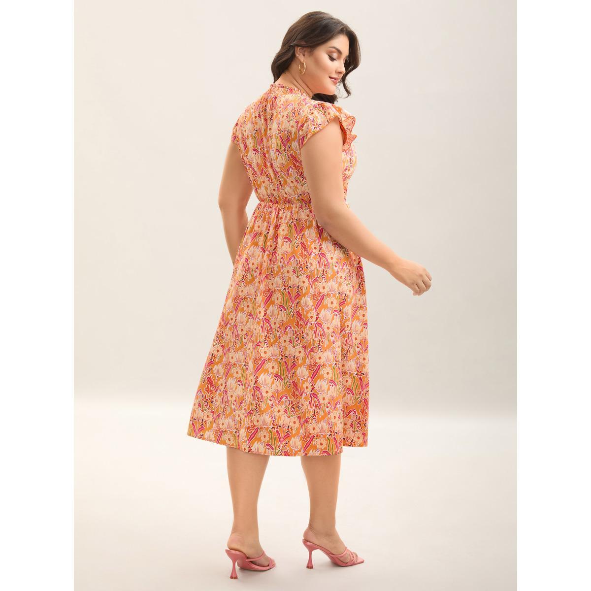 Plus Size Floral Print Shirred Pockets Midi Dress Coral Women Elegant Frill Trim Mock Neck Cap Sleeve Curvy BloomChic 26/4X Product Image