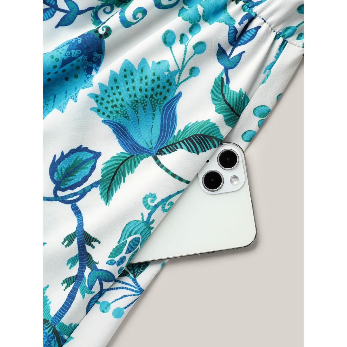 Plus Size Boho Print Notched Collar Midi Dress Teal Women Resort Non Flat collar with V-notch Short sleeve Curvy BloomChic 18-20/2X Product Image
