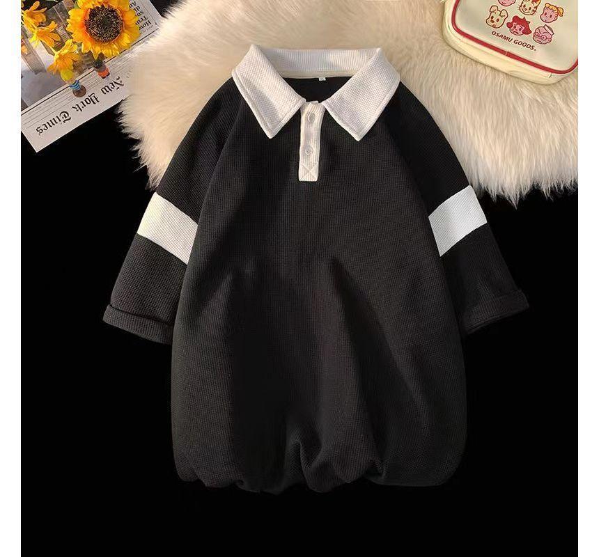 Set: Short-Sleeve Two Tone Panel Polo Shirt + Drawstring Waist Sweat Shorts Product Image