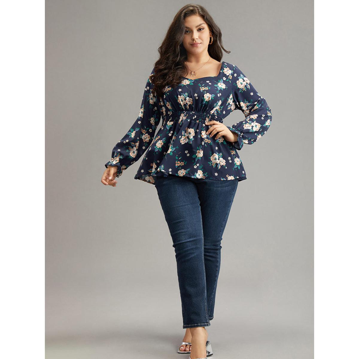 Plus Size Indigo Floral Square Neck Shirred Lantern Sleeve Blouse Women Elegant Long Sleeve Square Neck Dailywear Blouses BloomChic 12/L Product Image