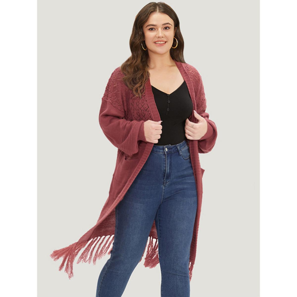 Plus Size Plain Fringe Trim Patched Pocket Cardigan Russet Women Casual Loose Long Sleeve Dailywear Cardigans BloomChic 30/6X Product Image