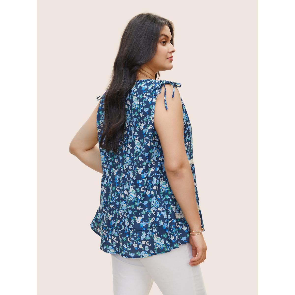 Plus Size Ditsy Floral Drawstring Lace Patchwork Tank Top Women Blue Elegant Cross straps Round Neck Everyday Tank Tops Camis BloomChic 12/L Product Image