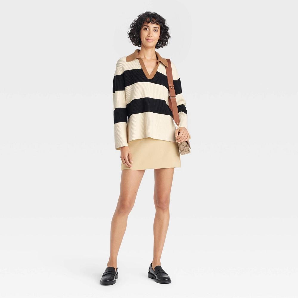 Women's Polo Pullover Sweater - A New Day™ Black Striped XL Product Image