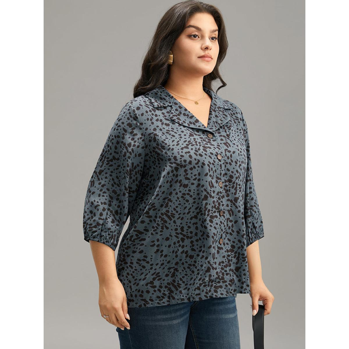 Plus Size Stone Leopard Suit Collar Elastic Cuffs Button Through Blouse Women Office Elbow-length sleeve Suit Collar Work Blouses BloomChic 28/5X Product Image