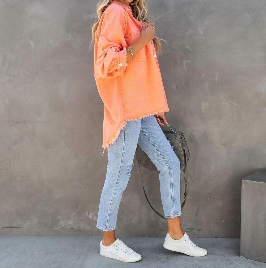 Plain Fringed Button-Up Denim Jacket Product Image