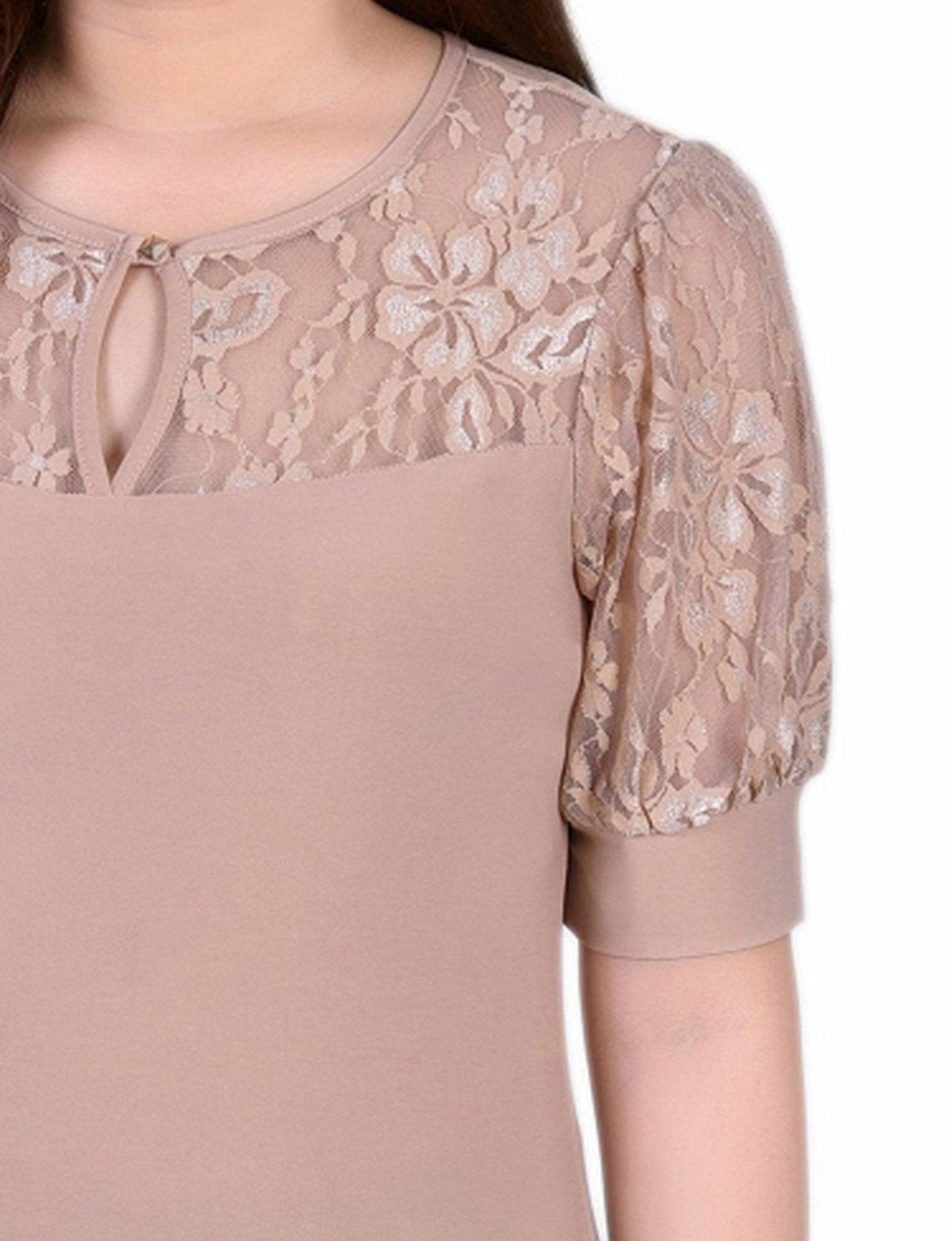 Doeskin Short Puff Sleeve Top With Lace Sleeves And Yoke - Petite Product Image