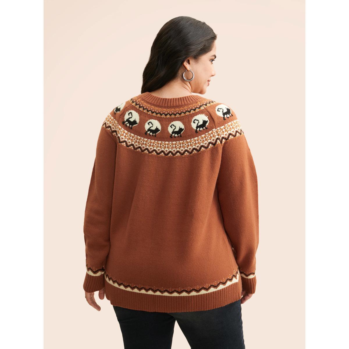 Plus Size Supersoft Essentials Wicked Cat Fair Isle Yoke Printed Pullover Rust Women Casual Long Sleeve Round Neck Everyday Pullovers BloomChic 22-24/3X Product Image