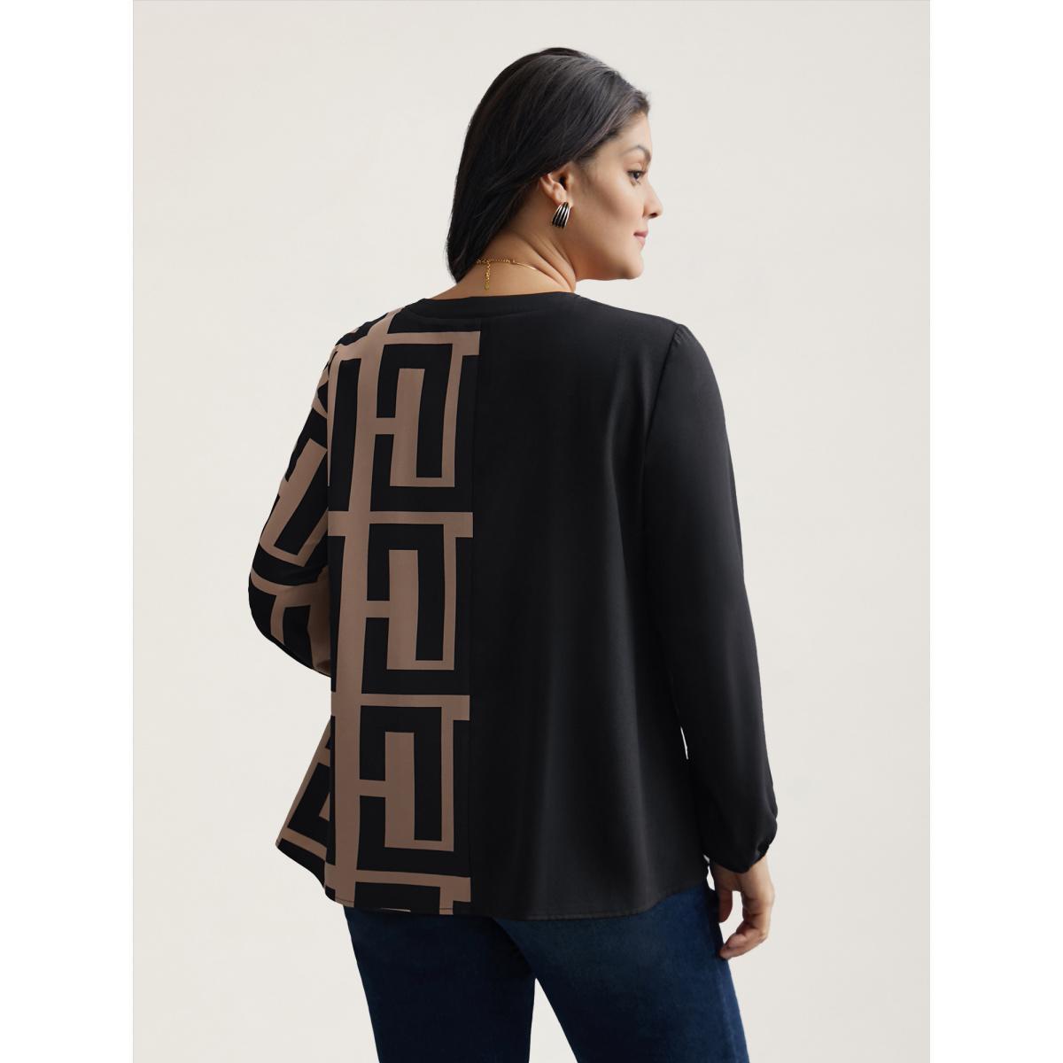Plus Size Black Notched Geometric Colorblock Contrast Blouse Women At the Office Long Sleeve Notched collar Work Blouses BloomChic 22-24/3X Product Image