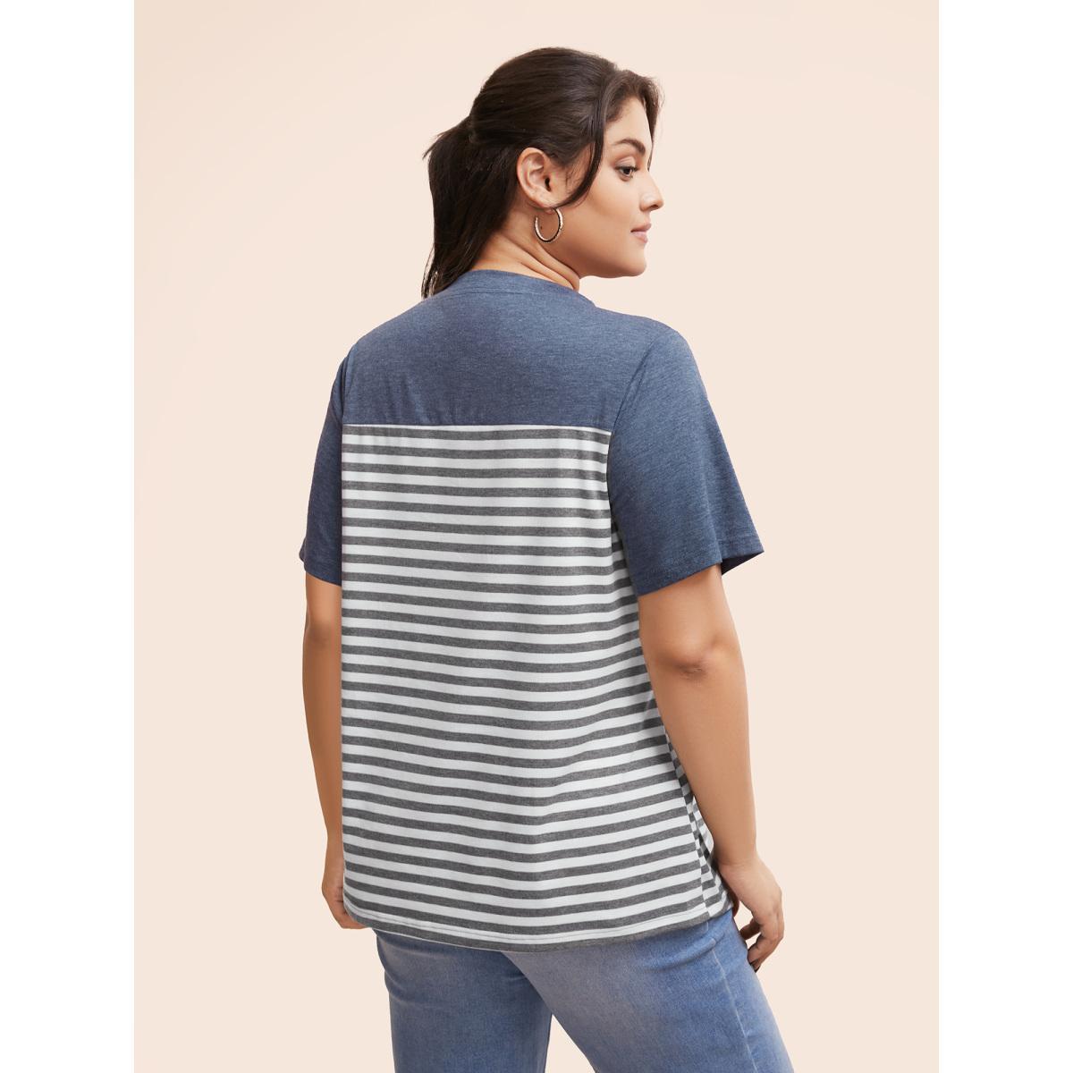 Plus Size Striped Patchwork Round Neck Patched Pocket T-shirt Multicolor Women Casual Patchwork Striped Round Neck Dailywear T-shirts BloomChic 10/M Product Image