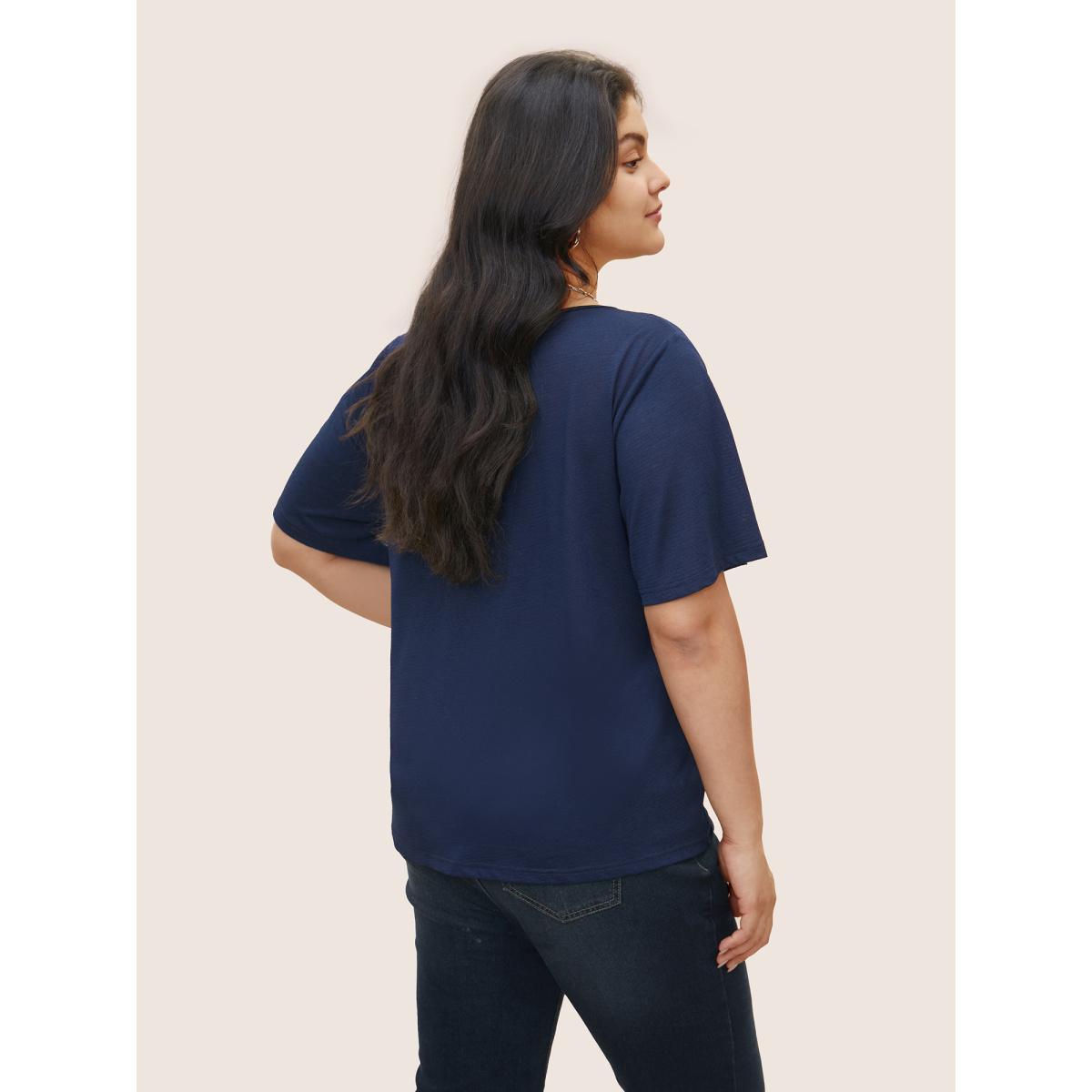 Plus Size Plain Twist Front Button Detail T-shirt Midnight Women Casual Tie knot Plain V-neck Everyday T-shirts BloomChic 30/6X Product Image
