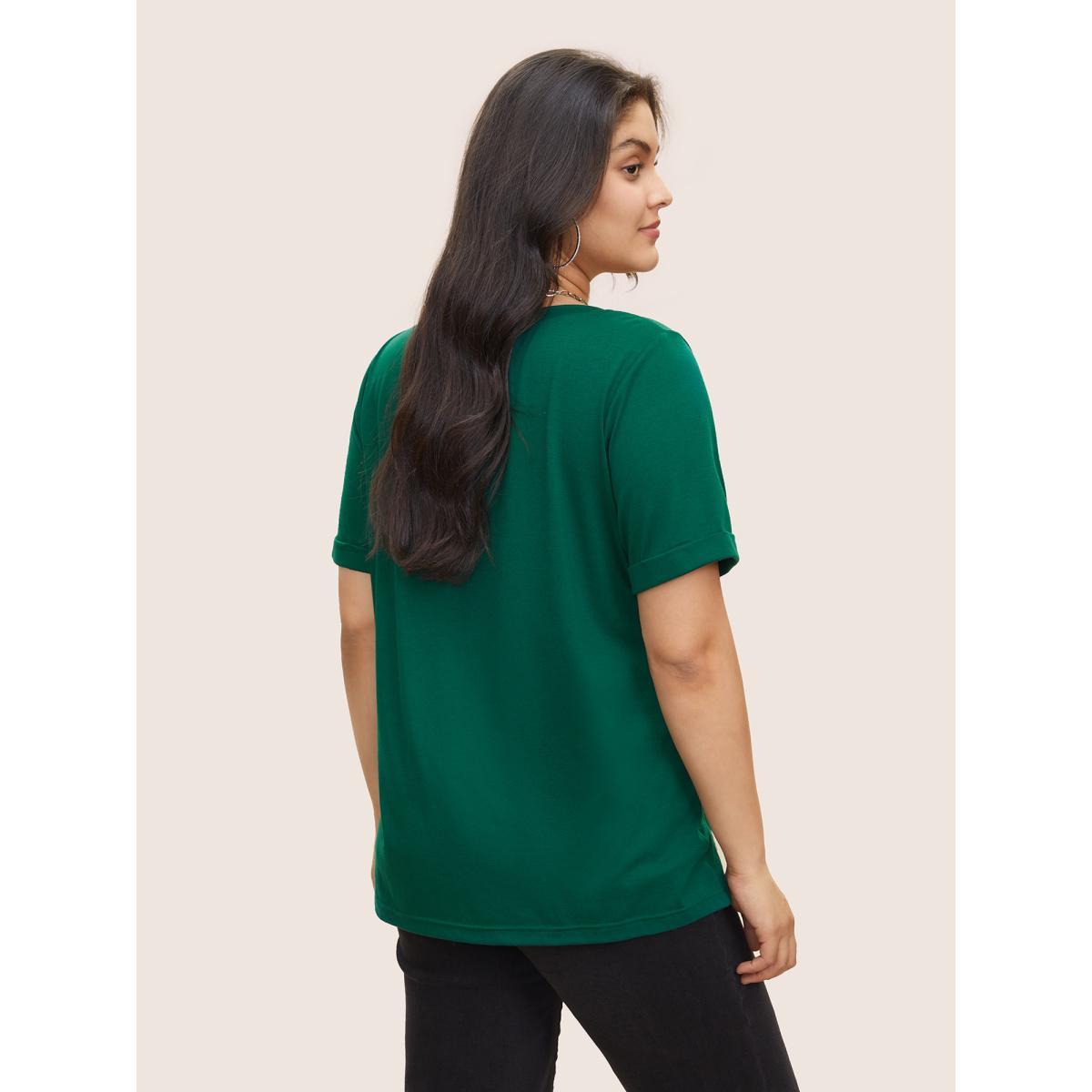 Plus Size Floral Print Cuffed Sleeve Crew Neck T-shirt DarkGreen Women Elegant Non Natural Flowers Everyday T-shirts BloomChic 22-24/3X Product Image