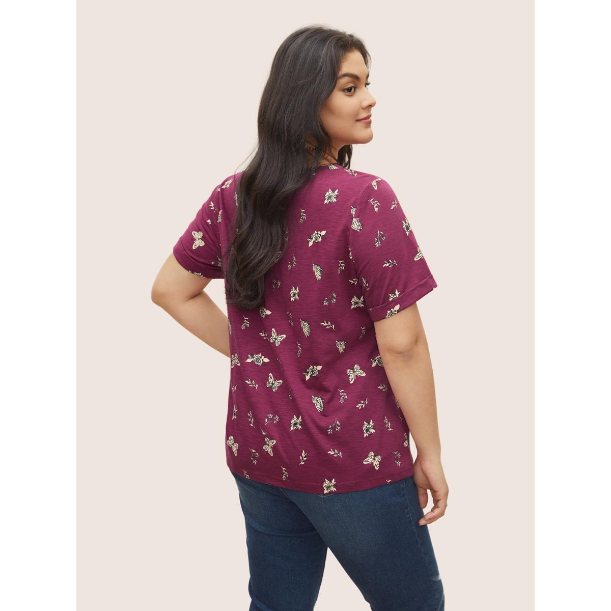 Plus Size Butterfly Print Cuffed Sleeve T-shirt Purple Women Resort Non Animal Round Neck Vacation T-shirts BloomChic 10/M Product Image
