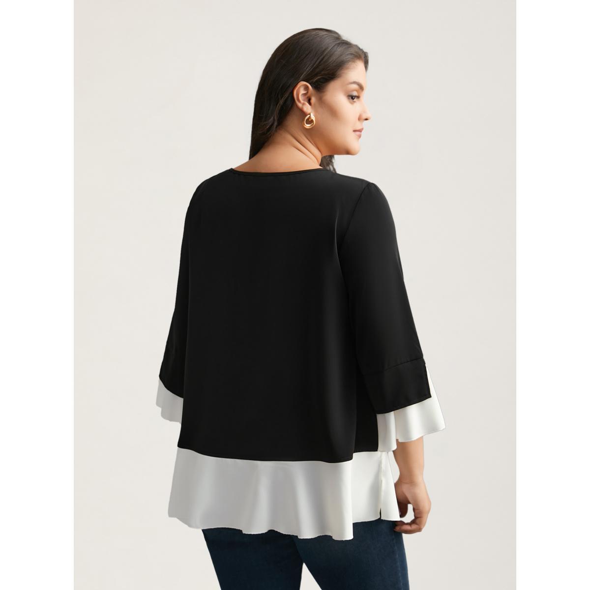 Plus Size Black Contrast Patchwork Bell Sleeve Blouse Women Elegant Elbow-length sleeve Round Neck Everyday Blouses BloomChic 18-20/2X Product Image