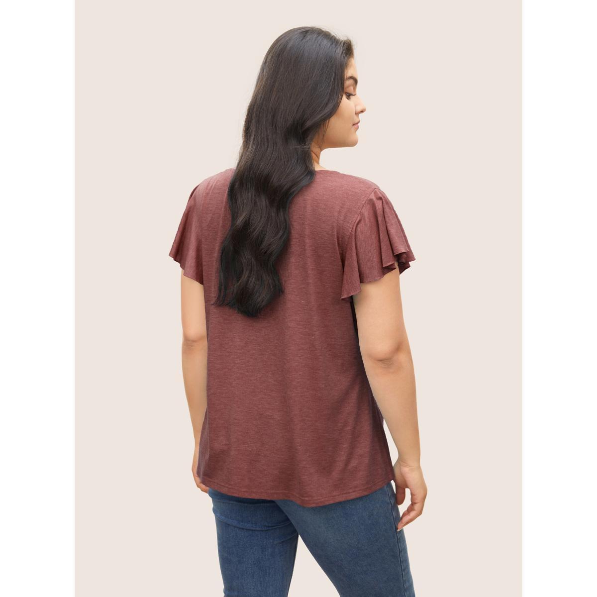 Plus Size Solid Heather Gathered Ruffle Sleeve T-shirt Russet Women Elegant Non V-neck Everyday T-shirts BloomChic 14-16/1X Product Image