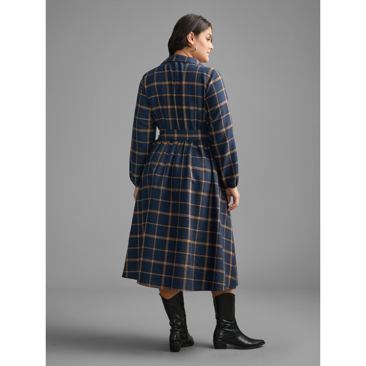 Plus Size Plaid Button Through Belted Dress DarkBlue Women Casual Belted Shirt collar Long Sleeve Curvy BloomChic 12/L Product Image