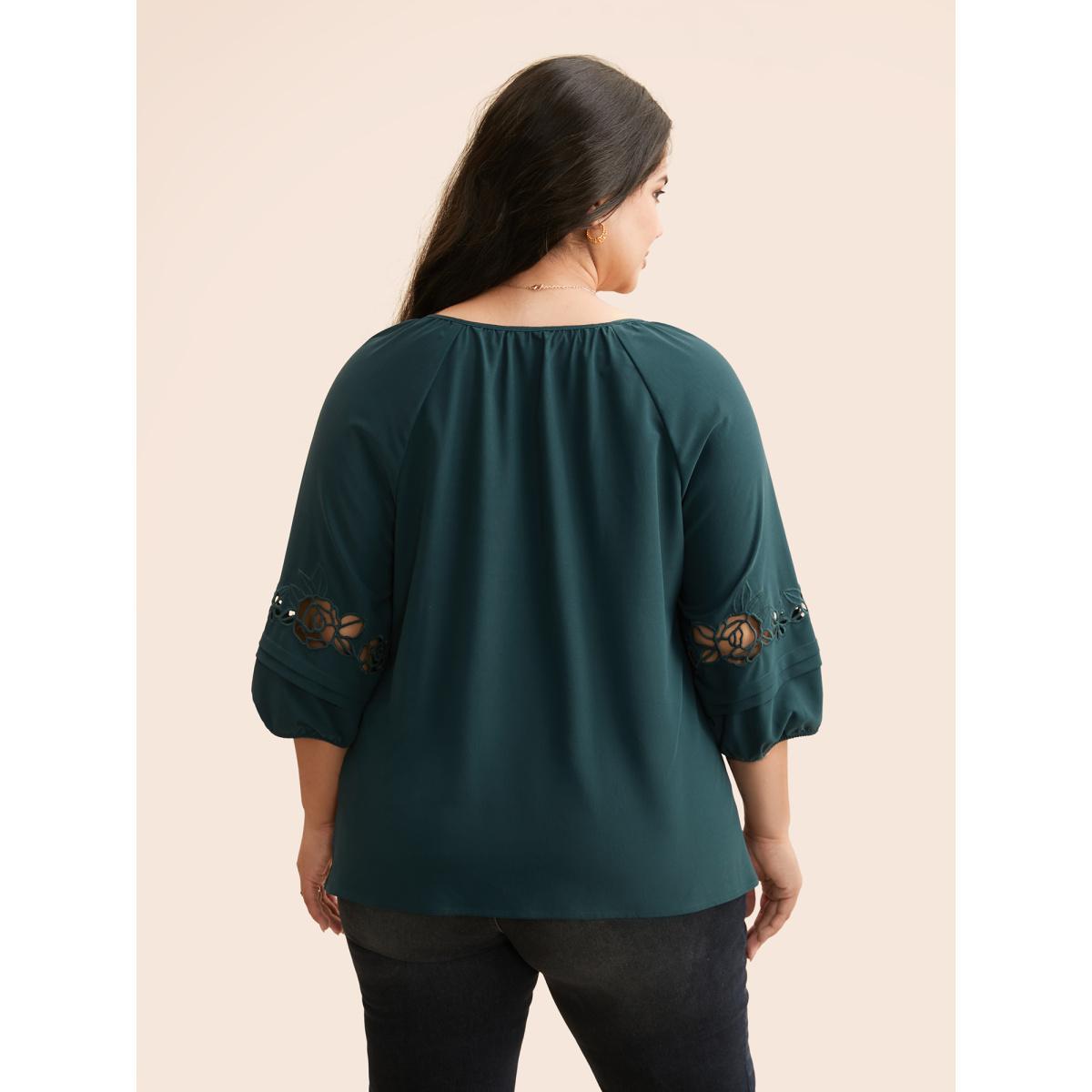 Plus Size DarkGreen Broderie Anglaise Gathered Tie Knot Blouse Women Elegant Elbow-length sleeve V-neck Everyday Blouses BloomChic 30/6X Product Image