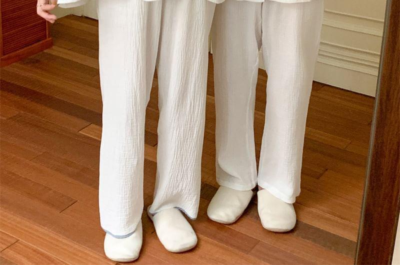 Couple Matching Long-Sleeve Contrast Trim Pajama Top / Pants / Midi Sleep Dress / Set (Various Designs) Product Image