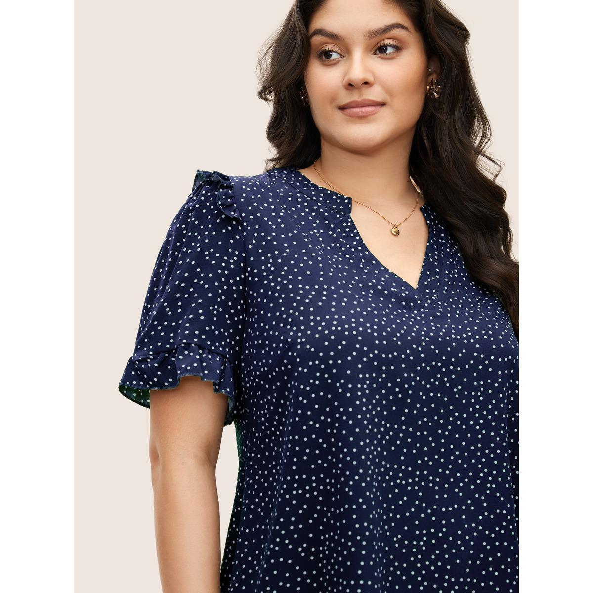 Polka Dot Ruffles Plus Size Women Blouses Elegance Casual Ruffles Ruffle Sleeve Short Sleeve V Neck Dailywear Blouses BloomChic Product Image