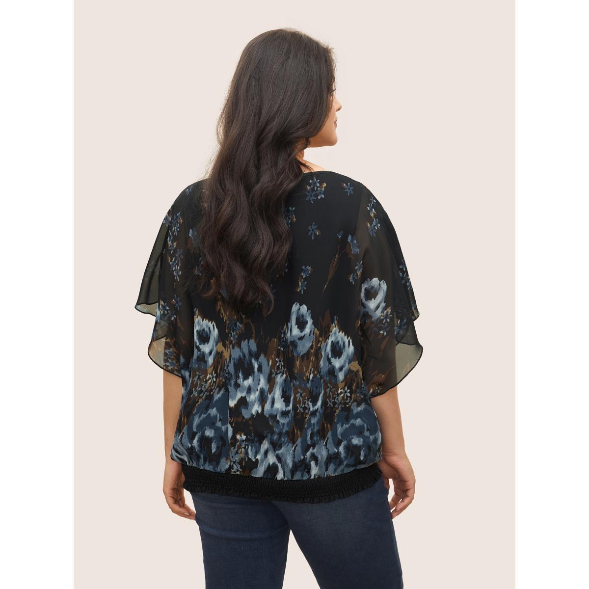 Plus Size Black Pixel Flower Shirred Batwing Sleeve Blouse Women Elegant Half Sleeve U-neck Everyday Blouses BloomChic 22-24/3X Product Image