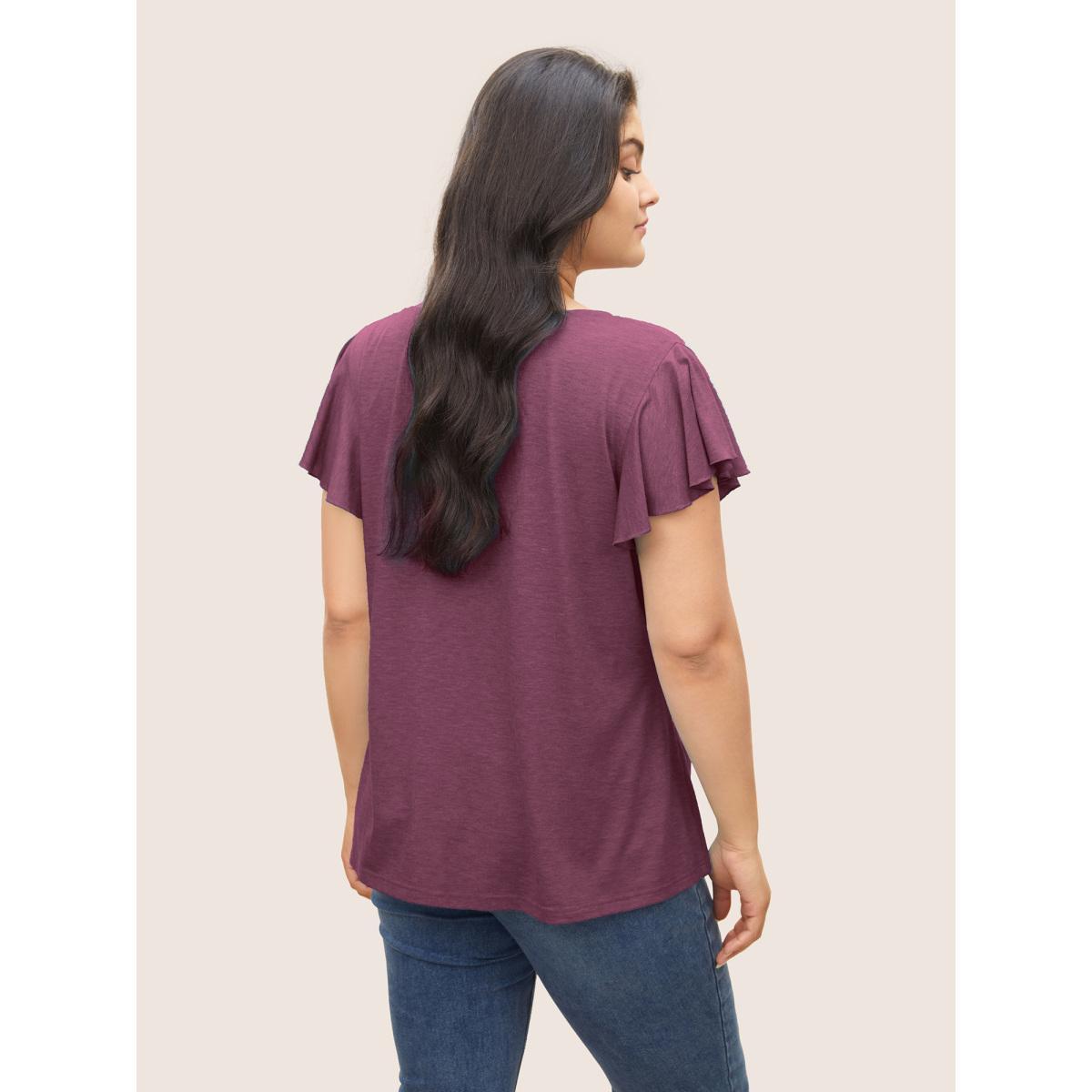 Plus Size Solid Heather Gathered Ruffle Sleeve T-shirt RedViolet Women Elegant Non V-neck Everyday T-shirts BloomChic 12/L Product Image