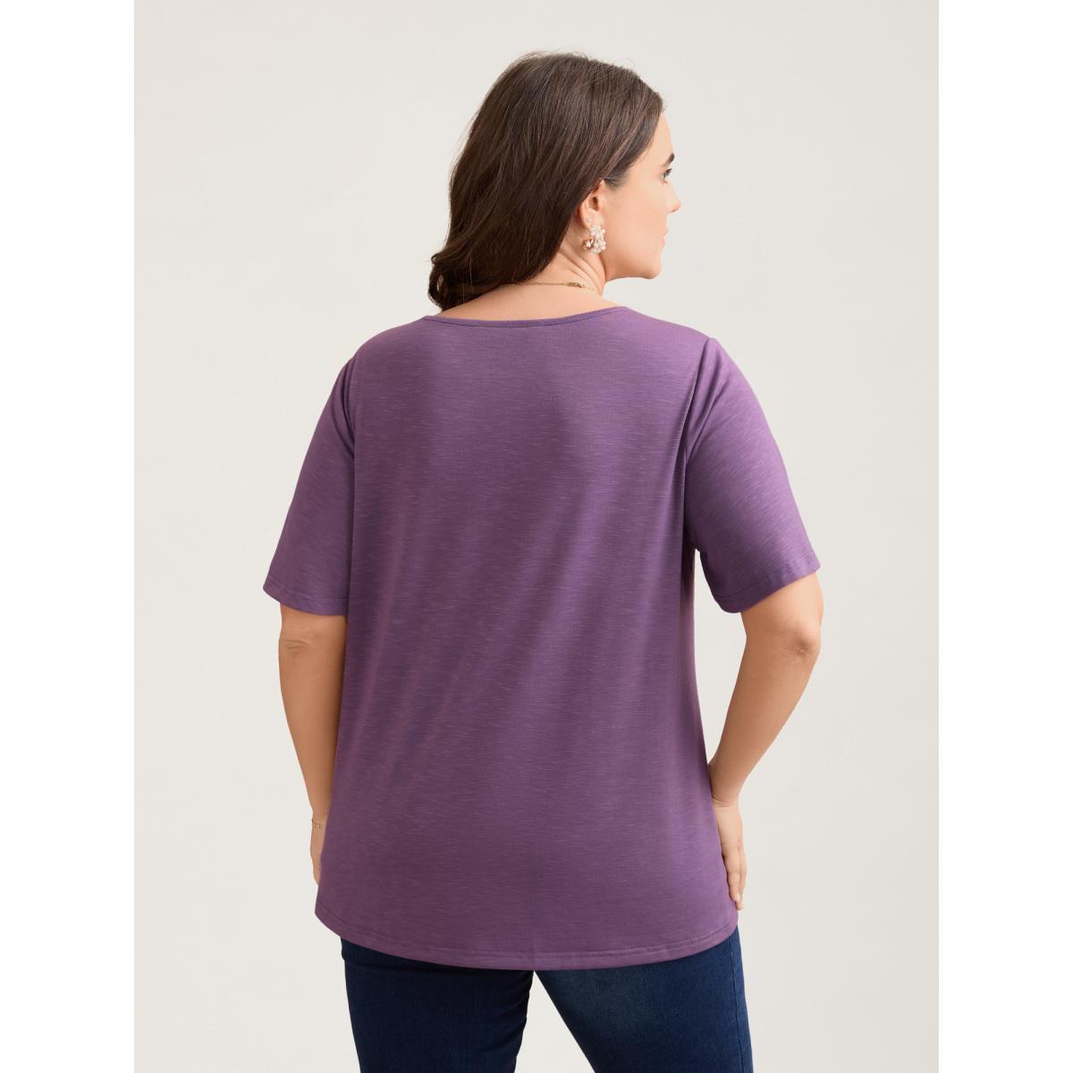 Plus Size Bamboo Textured Pleated Shoulder Button T-Shirt Mauve Women Elegant Gathered V-neck Everyday T-shirts BloomChic 28/5X Product Image