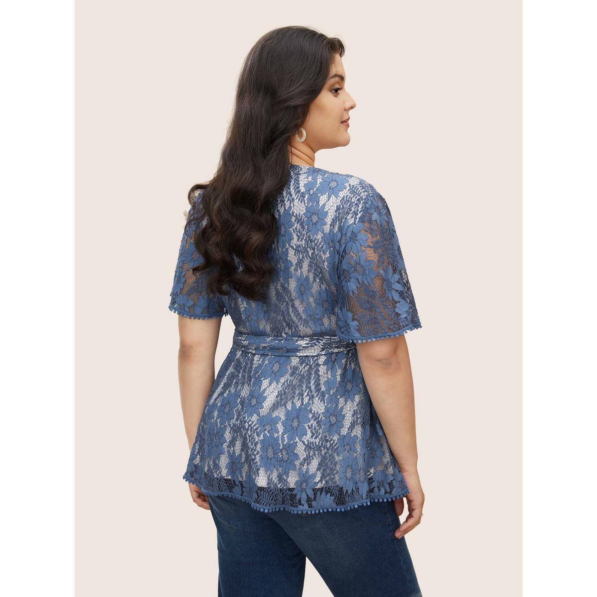 Plus Size DarkBlue Floral Crochet Lace Mesh Pompom Trim Blouse Women Elegant Short sleeve Overlap Collar Everyday Blouses BloomChic 28/5X Product Image
