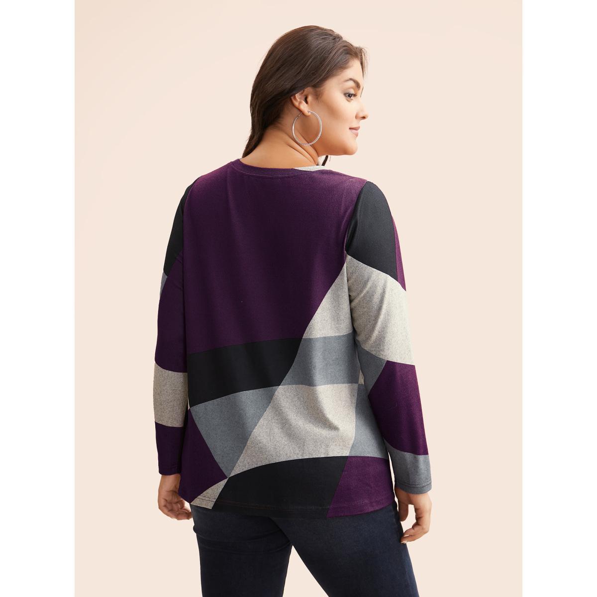Plus Size Round Neck Colorblock Contrast T-shirt Eggplant Women Casual Contrast Non Everyday T-shirts BloomChic 14-16/1X Product Image
