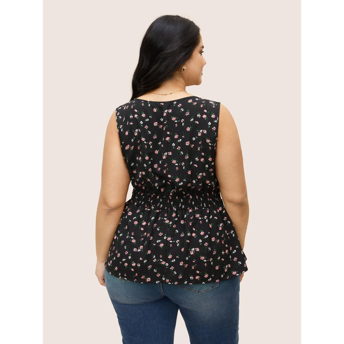 Plus Size V Neck Ditsy Floral Buckle Detail Tank Top Women Black Elegant Gathered V-neck Everyday Tank Tops Camis BloomChic 22-24/3X Product Image