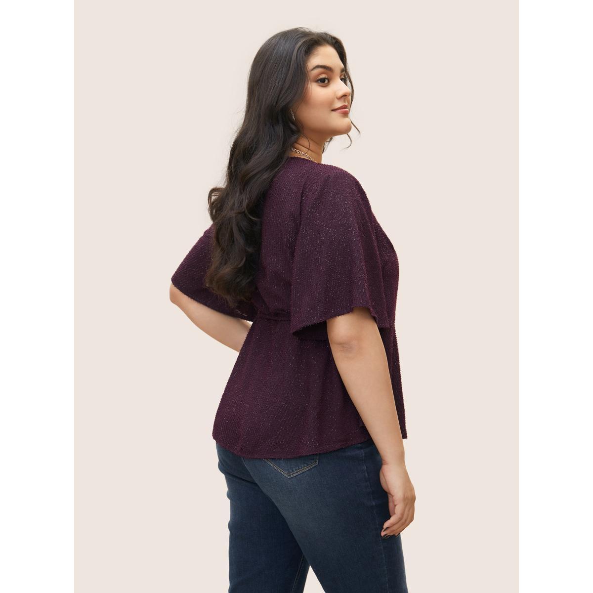 Plus Size Purple Plain Texture Wrap Ties Asymmetrical Hem Blouse Women Cocktail Short sleeve Overlap Collar Party Blouses BloomChic 22-24/3X Product Image
