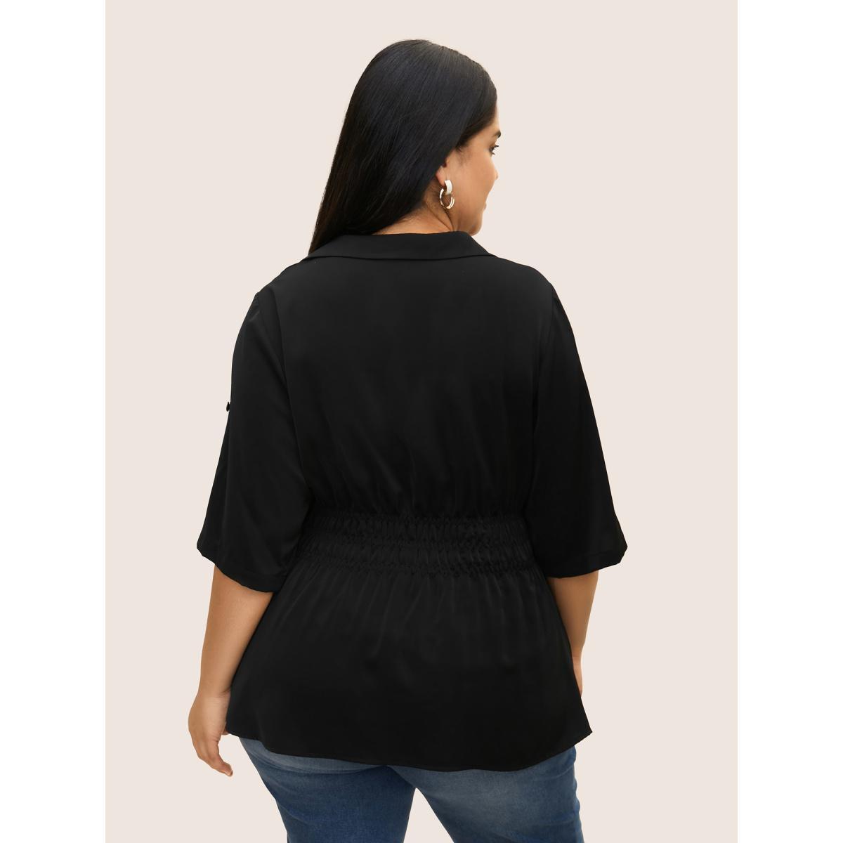 Plus Size Black Shirt Collar Button Cuff Sleeve Blouse Women Work From Home Half Sleeve Shirt collar Work Blouses BloomChic 30/6X Product Image
