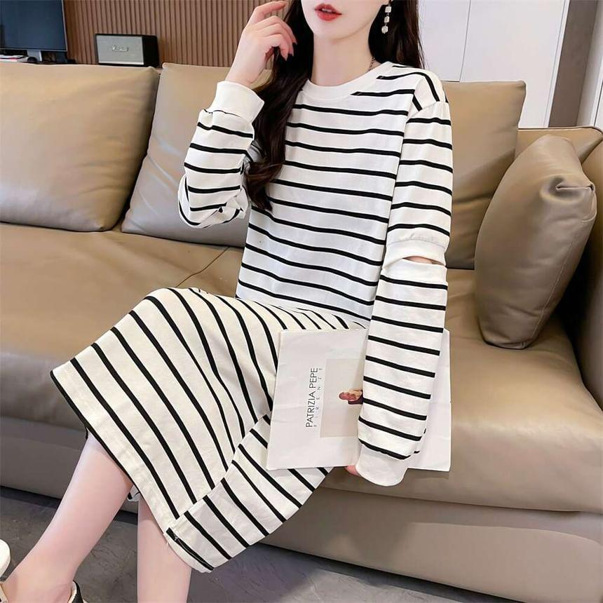 Long-Sleeve Round Neck Striped Cutout Midi Shift Knit Dress Product Image