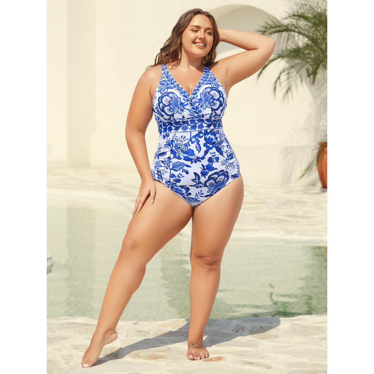 Plus Size Floral Print Ruched Mesh One-Piece, Sarong Women's Swimwear Indigo Beach Gathered Curve Bathing Suits High stretch One Pieces BloomChic 18-20/2X Product Image
