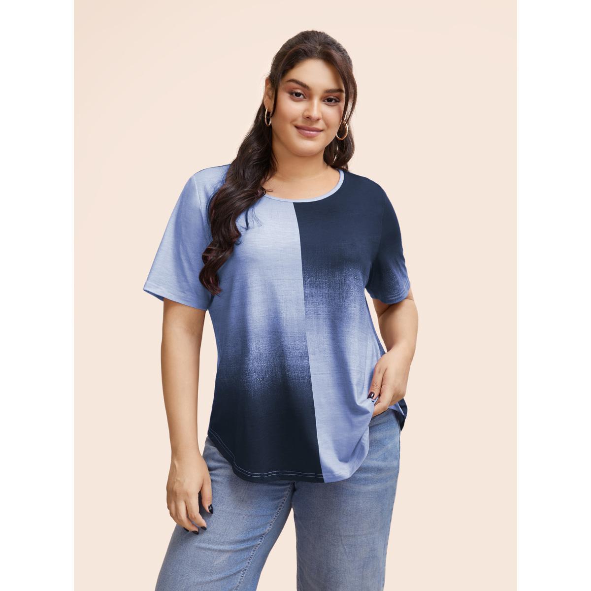 Plus Size Ombre Heather Contrast Round Neck T-shirt Stone Women Casual Non Round Neck Everyday T-shirts BloomChic 30/6X Product Image