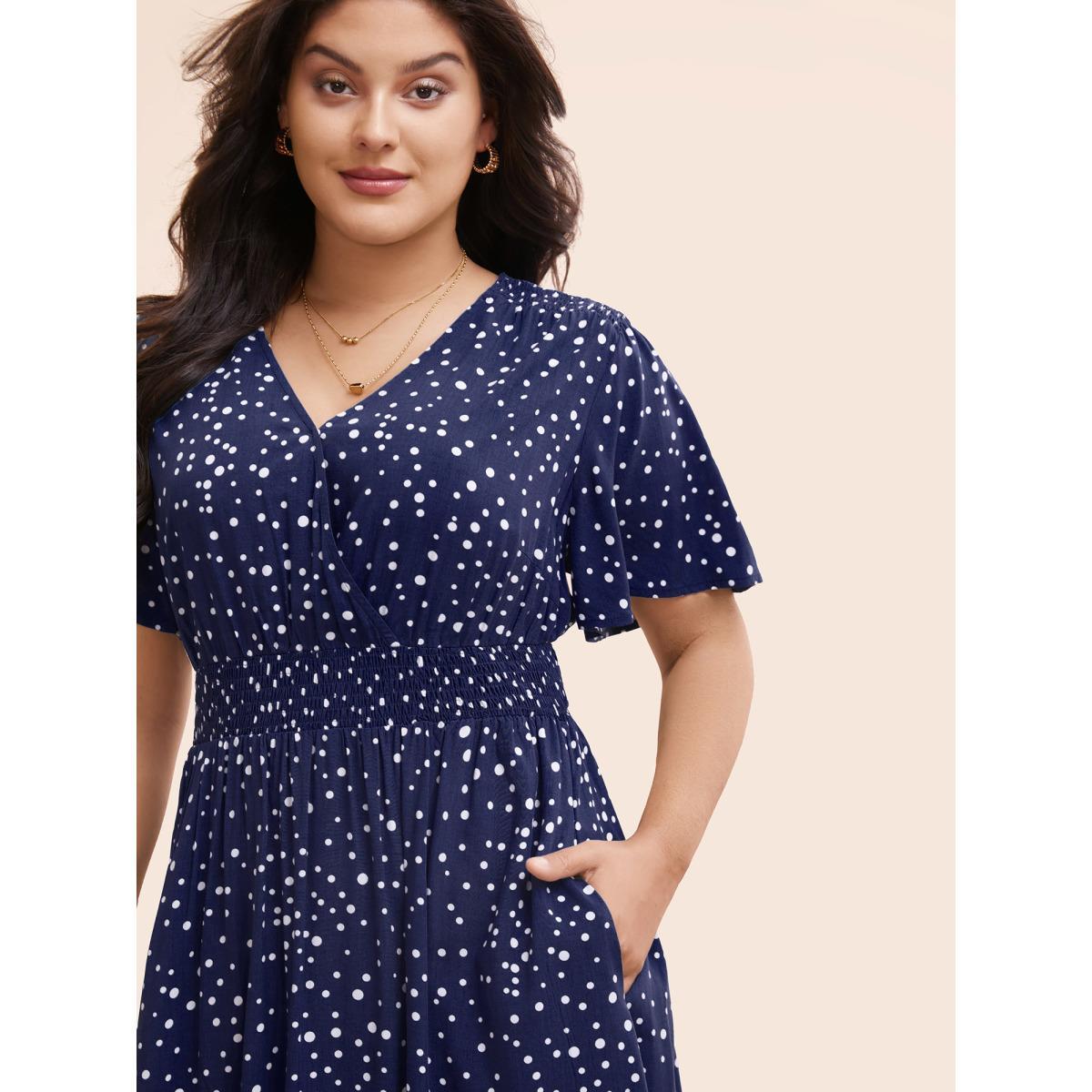 Plus Size Polka Dot Wrap Pocket Shirred Ruffle Sleeve Dress Black Women Elegant Patchwork Curvy Midi Dress BloomChic 12/L Product Image