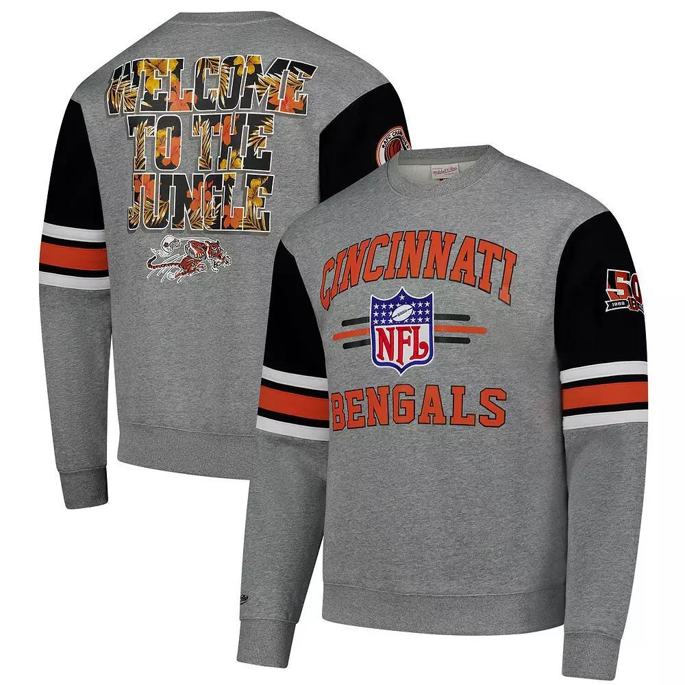 Men's Mitchell & Ness Heather Gray Cincinnati Bengals All Over 4.0 Vintage Logo Pullover Sweatshirt, Size: 3XL, Grey Product Image