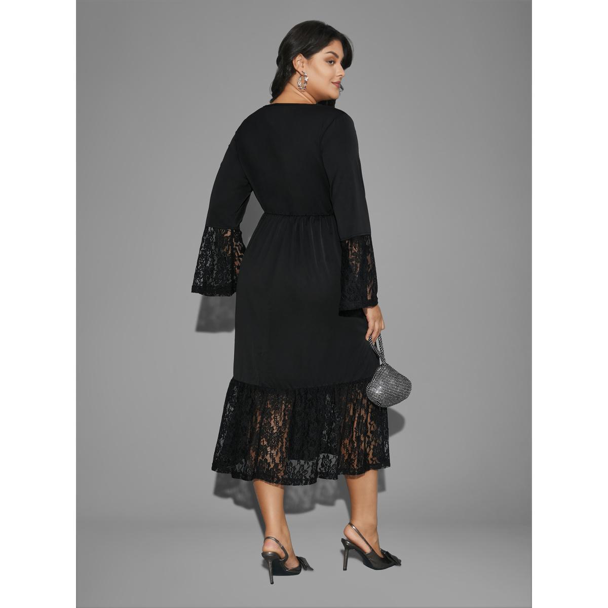 Plus Size Lace Patchwork Button Detail Tie Knot Dress Black Women Cocktail Woven ribbon&lace trim Party Curvy Bloomchic 28/5X Product Image