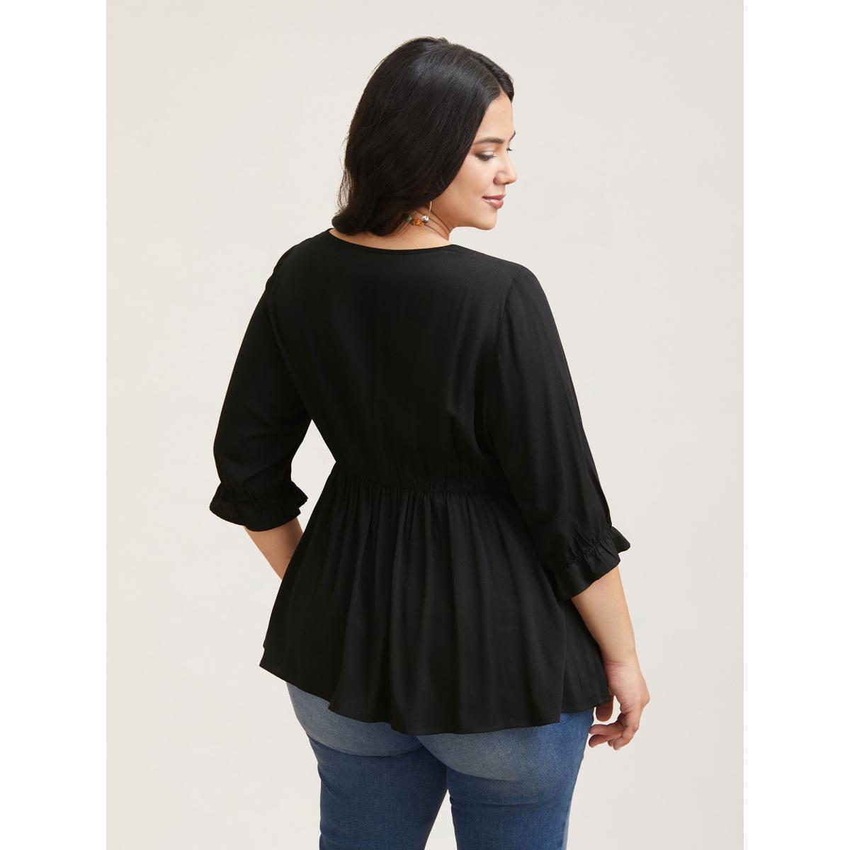 Plus Size Black Embroidered Lace Spliced Peplum Shirt Women Resort Elbow-length sleeve V-neck Vacation Blouses BloomChic 26/4X Product Image