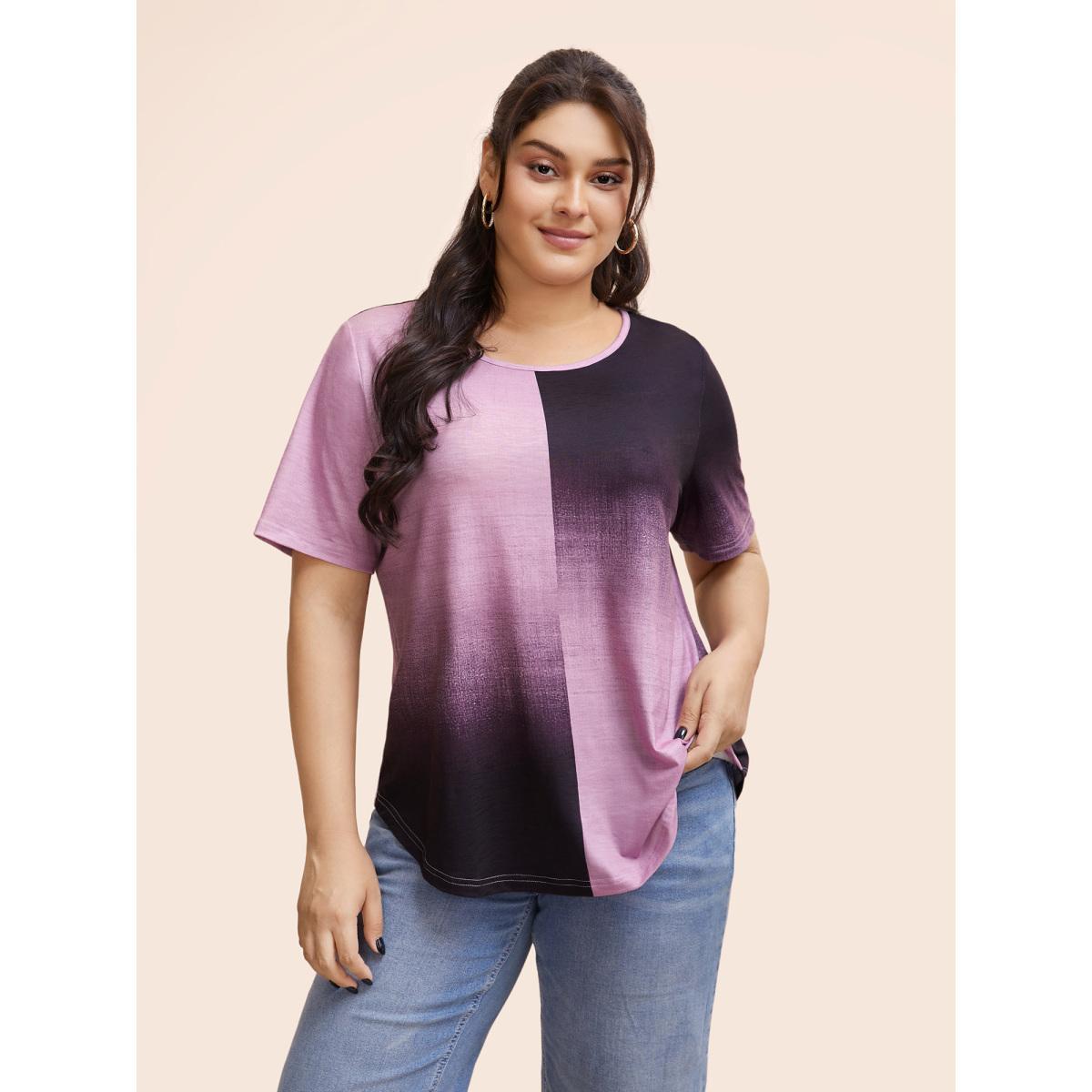 Plus Size Ombre Heather Contrast Round Neck T-shirt Mauve Women Casual Non Round Neck Everyday T-shirts BloomChic 14-16/1X Product Image