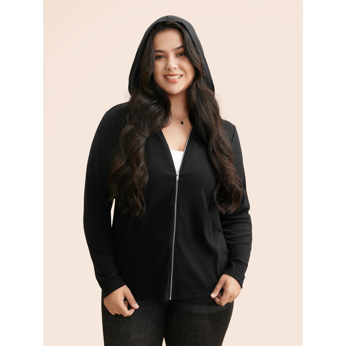 Plus Size Hooded Zipper Medium Stretch Sweatshirt Women Black Casual Texture Hooded Everyday Sweatshirts BloomChic 26/4X Product Image