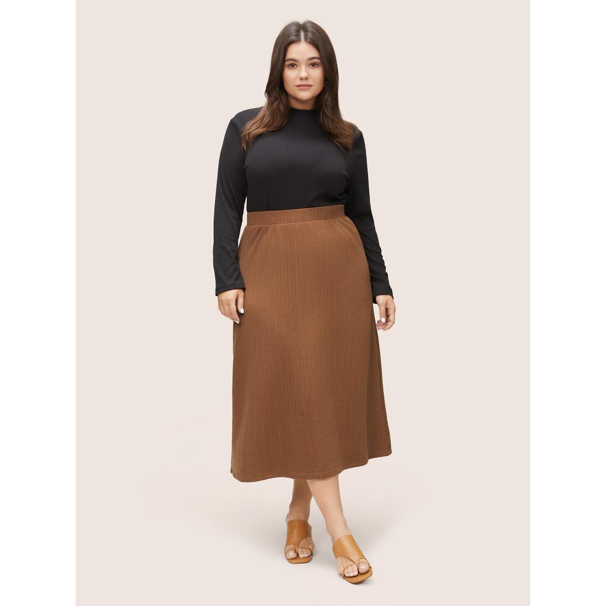 Plus Size A Line Elastic Waist Knit Jacquard Skirt Women Tan Workwear Essentials Texture Low stretch Work Skirts BloomChic 14-16/1X Product Image