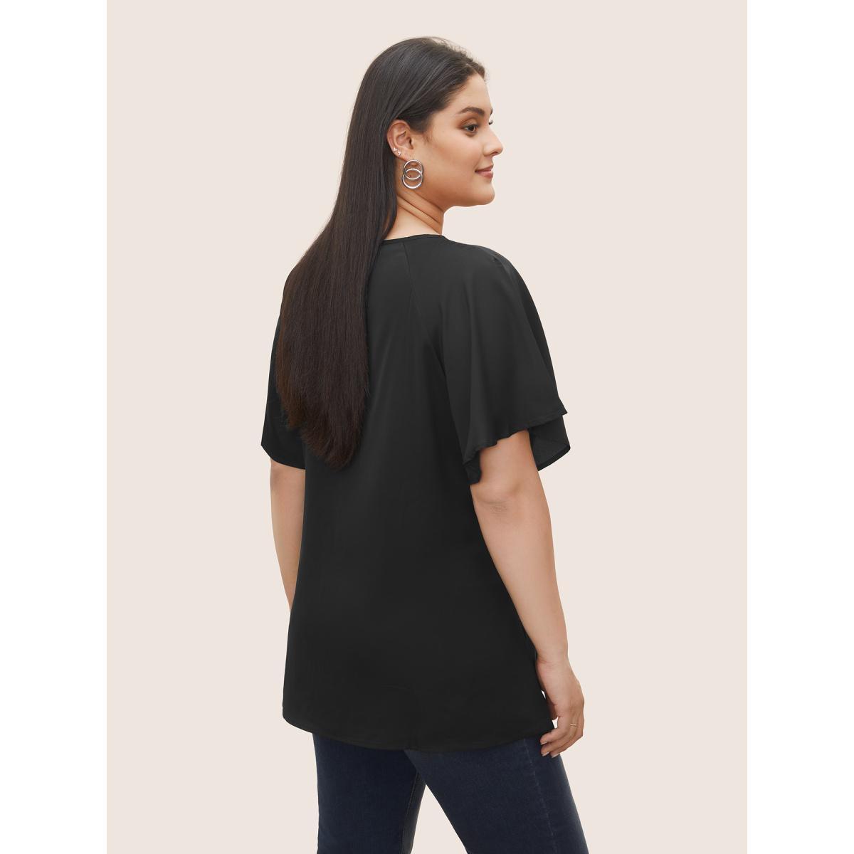 Plus Size Black Plain Keyhole Knotted Front Ruffle Sleeve Blouse Women Work From Home Short sleeve Round Neck Work Blouses BloomChic 10/M Product Image