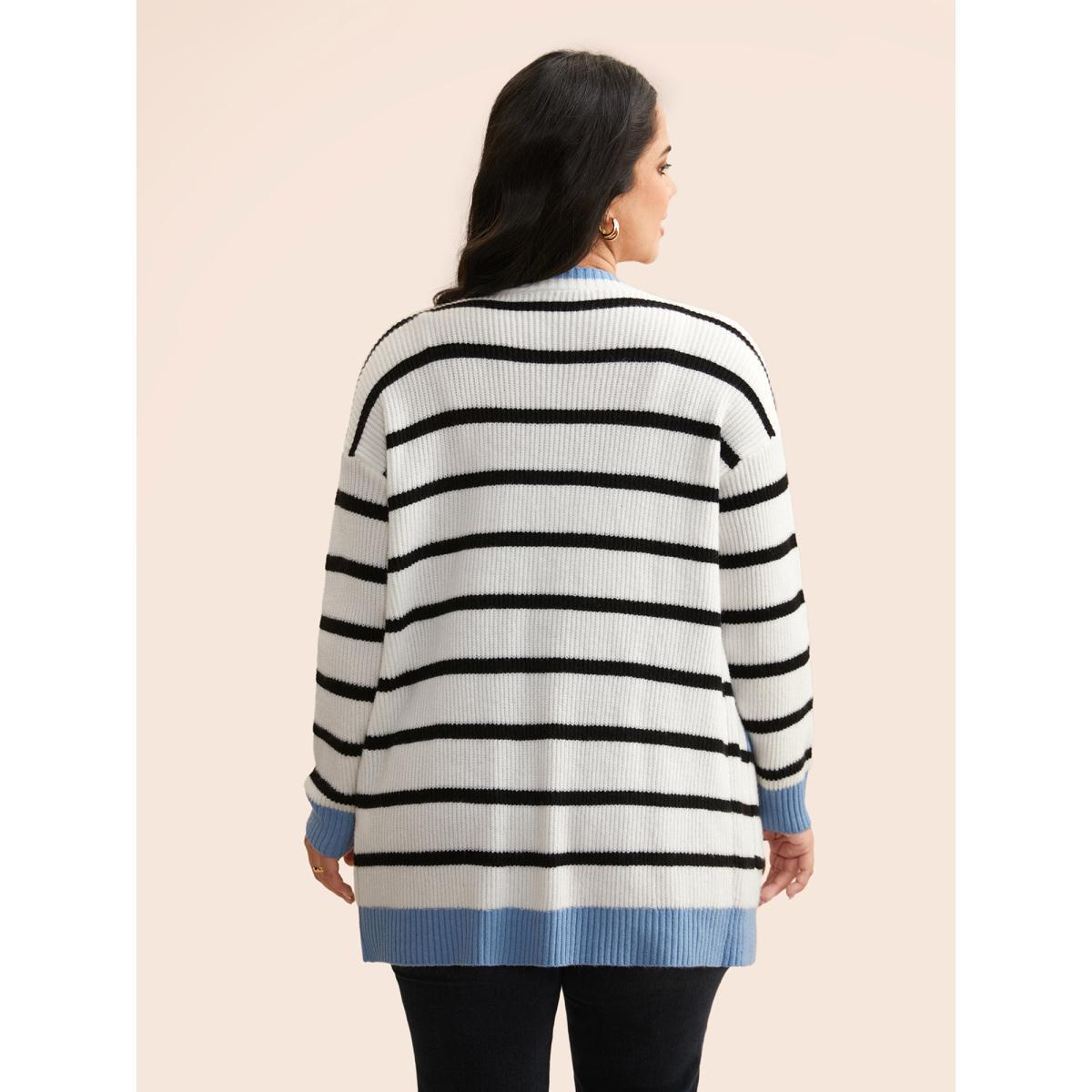 Plus Size Supersoft Essentials Kimono Collar Contrast Striped Cardigan Beige Women Casual Loose Long Sleeve Everyday Cardigans BloomChic 18-20/2X Product Image