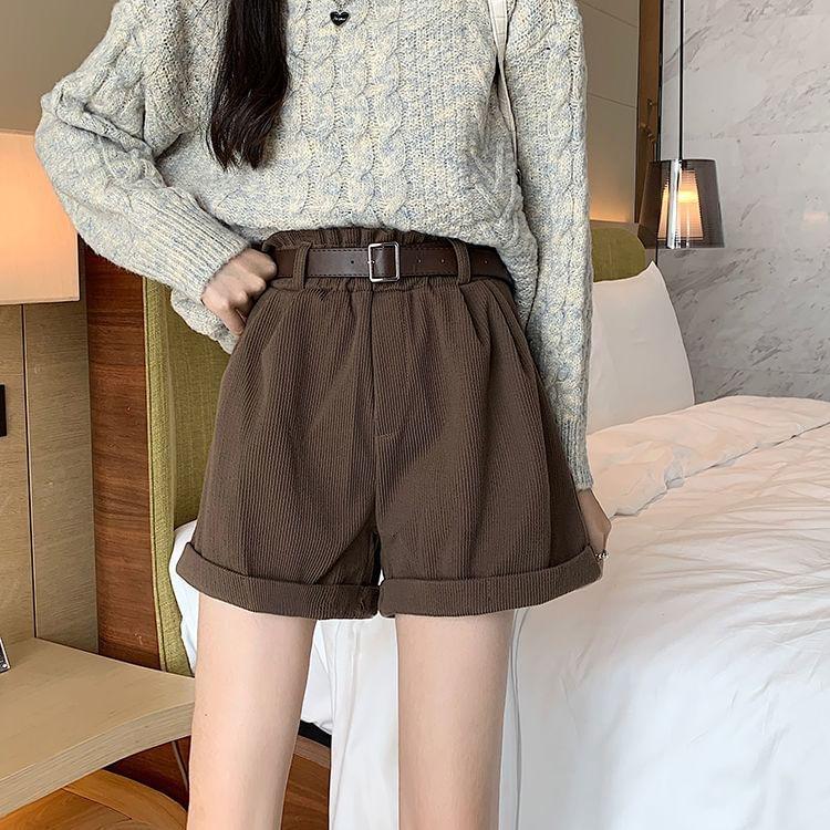 High Waist Plain Roll Up Hem Corduroy Wide Leg Shorts / Belt / Set Product Image