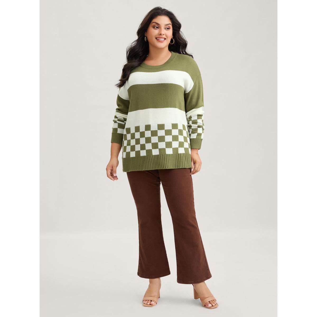 Plus Size Colorblock Contrast Round Neck Split Hem Pullover Moss Women Casual Loose Long Sleeve Round Neck Everyday Pullovers BloomChic 14-16/1X Product Image