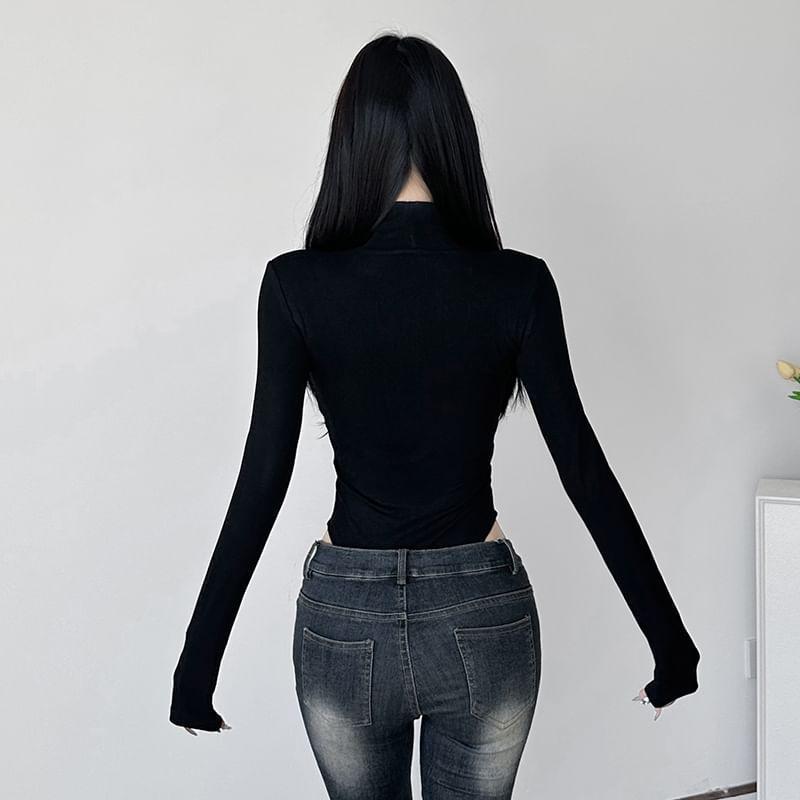 Long-Sleeve Turtleneck Plain Cutout Lace Trim Bodysuit Top Product Image