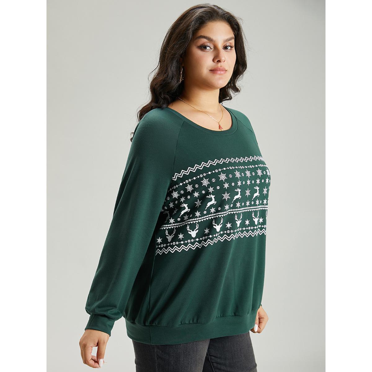Plus Size Christmas Elk Crew Neck Raglan Sleeve Sweatshirt Women DarkGreen Casual Printed Round Neck Festival-Christmas Sweatshirts BloomChic 14-16/1X Product Image