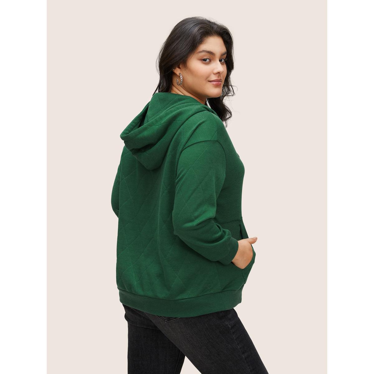 Plus Size Solid Quilted Kangaroo Pocket Hooded Sweatshirt Women Green Casual Non Hooded Everyday Sweatshirts BloomChic 12/L Product Image