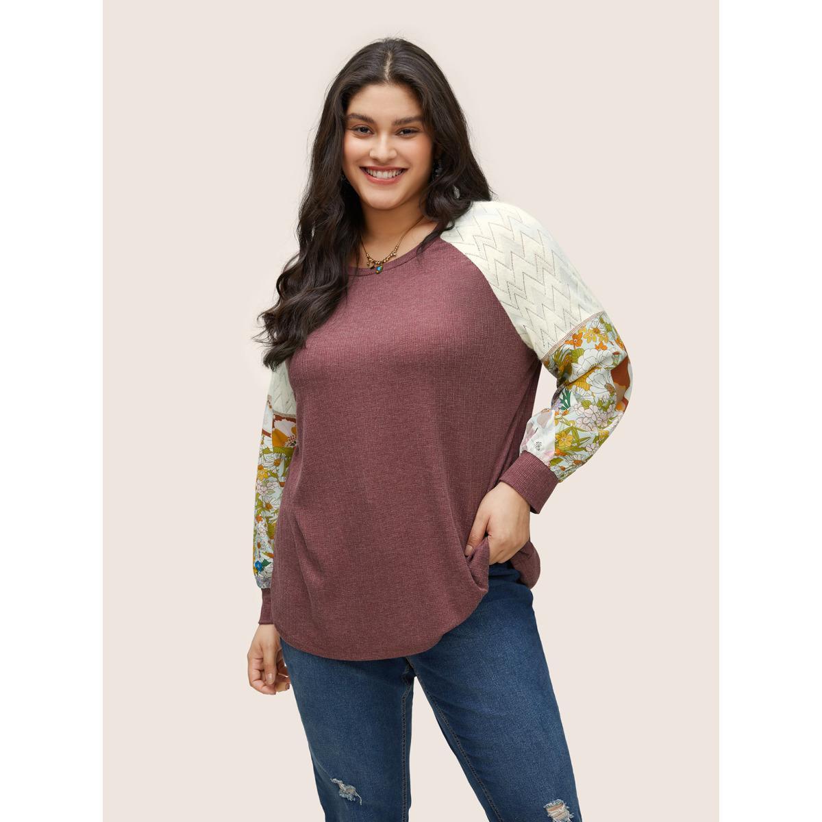 Plus Size Floral Patchwork Textured Raglan Sleeve Stitch T-shirt Russet Women Resort Texture Natural Flowers Round Neck Vacation T-shirts BloomChic 22-24/3X Product Image