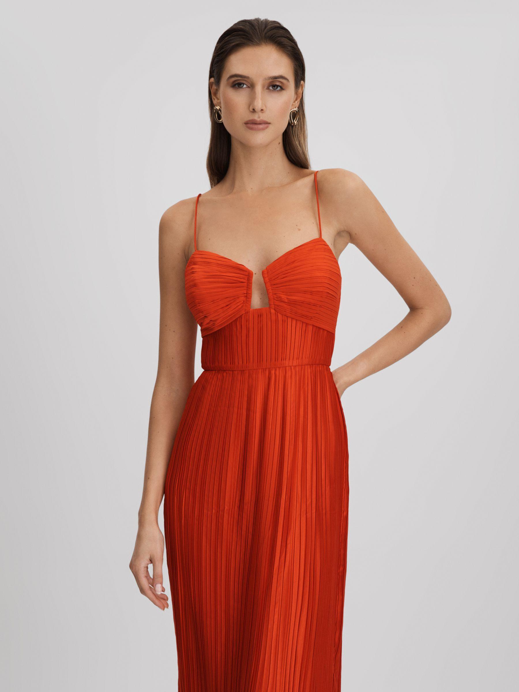 Amur Ruffle Hem Pleated Midi Dress in Crimson Red Product Image