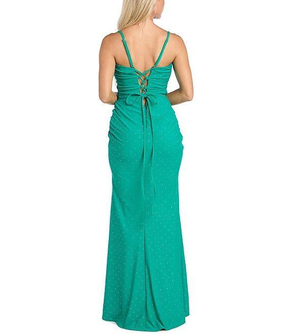 Morgan & Co. Jersey Knit Stone Strapless Lace Up Back Dress Product Image